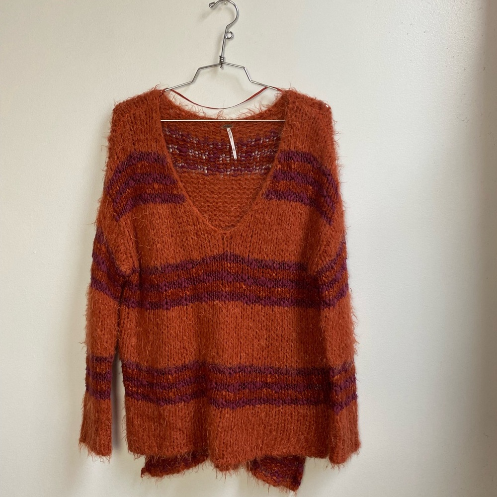 Free People Linus Fuzzy Orange and Purple Striped Sweater